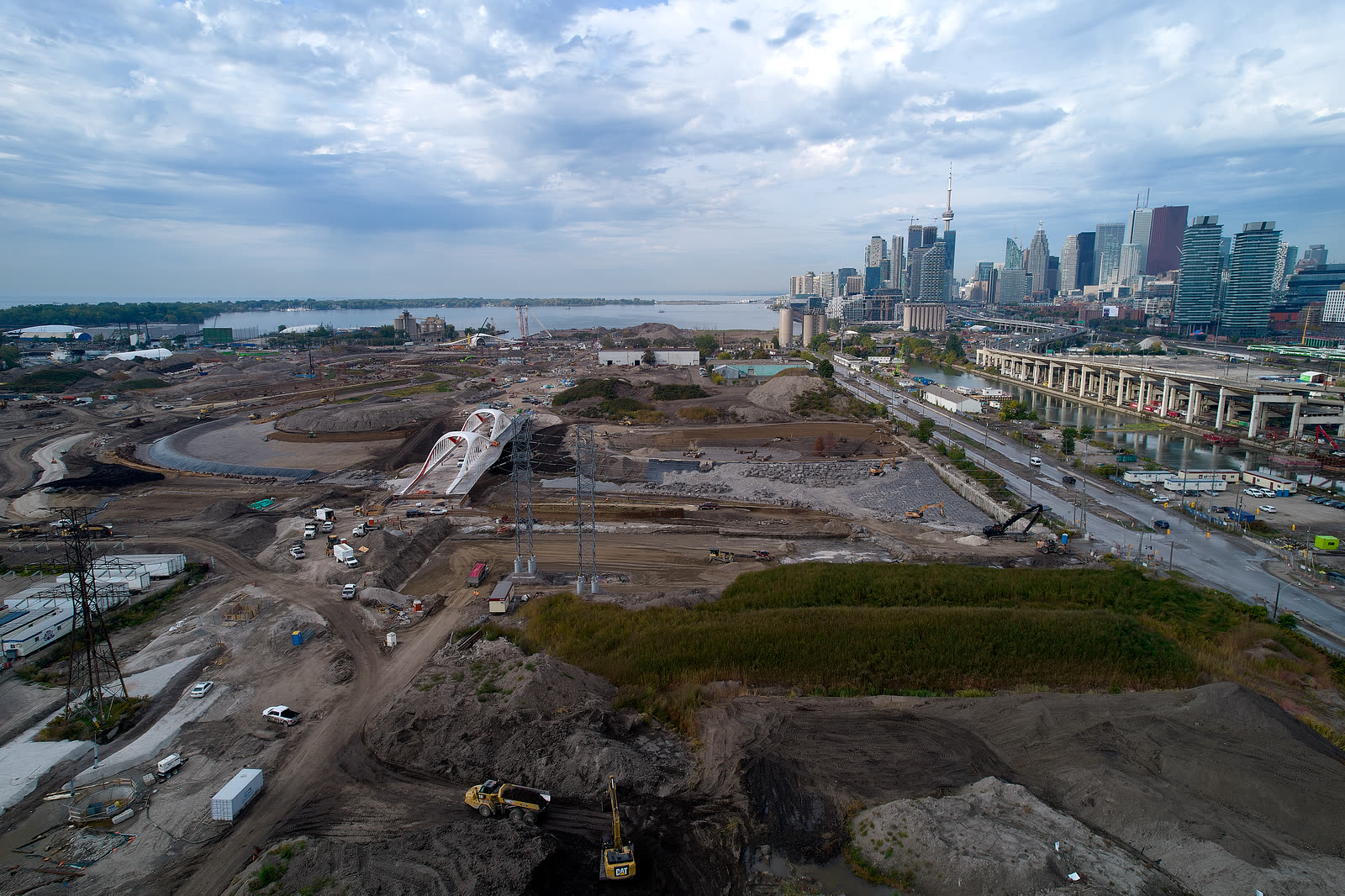 Port Lands construction with downtown Toronto beyond